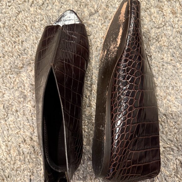 Jenni Kayne Croc-Embossed Leather Peep Toe FlatsBrownSize 38 / US 8